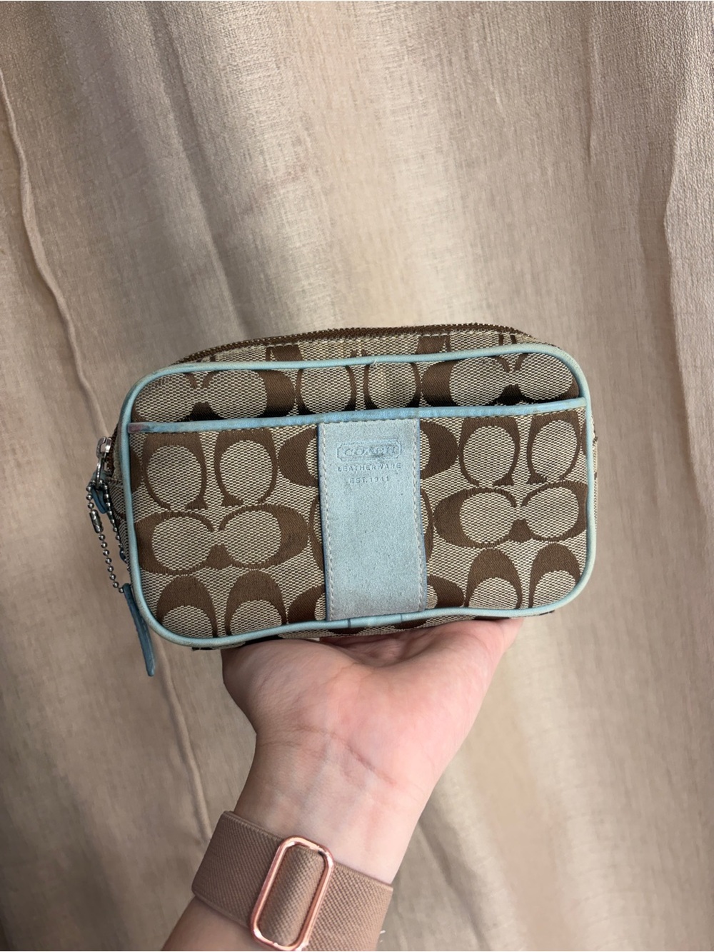 Coach Small Signature Canvas Cosmetic Pouch in Brown and Light Blue